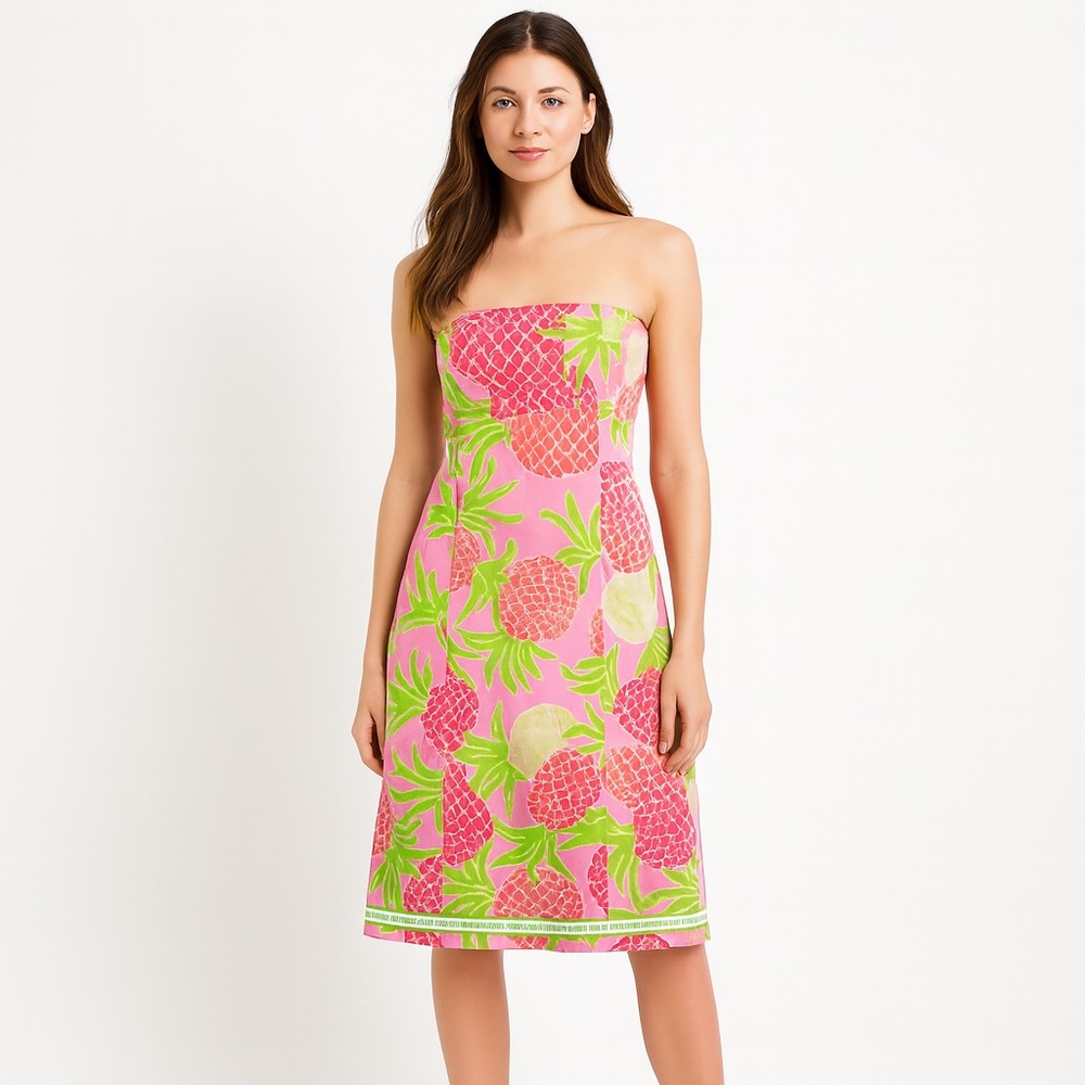 Lilly Pulitzer 4 Pink Green Vintage Pineapple Strapless MIDI Dress